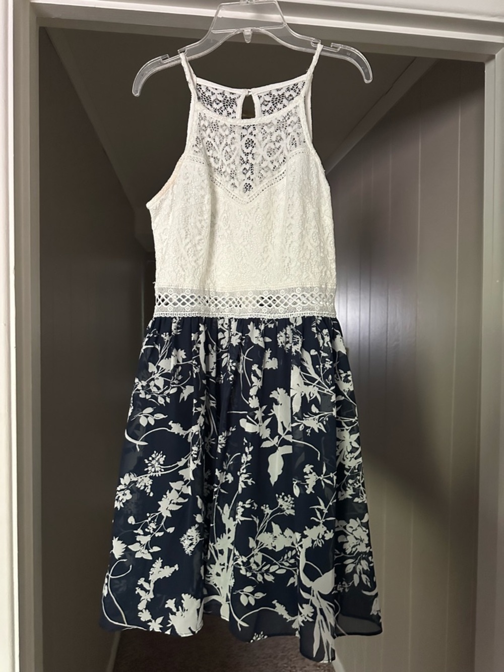 White Lace & Navy Floral Halter Mini Dress